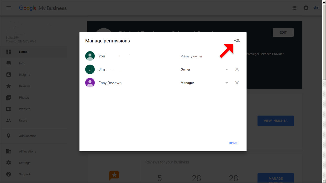 In the top right corner of the Managers permissions box that appears, click the Invite new users icon.