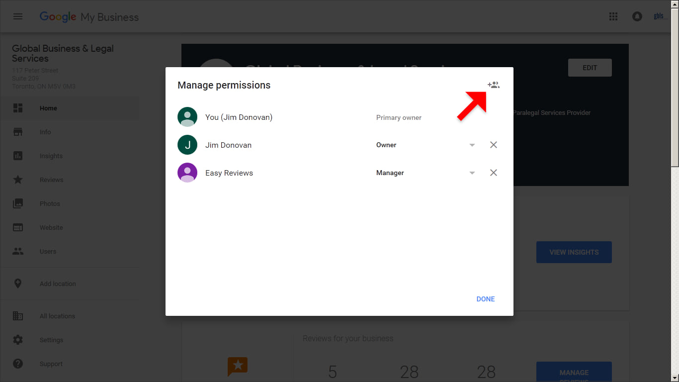 In the top right corner of the Managers permissions box that appears, click the Invite new users icon.